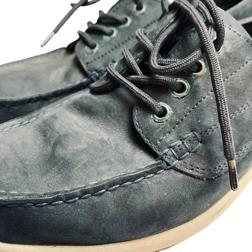 Lands End Mens Nubuck Casual Navy Blue Genuine Leather Boat Shoes Lace Up sz 9